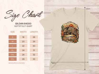 Gildan 64000 Softstyle t-shirt size chart with measurements.