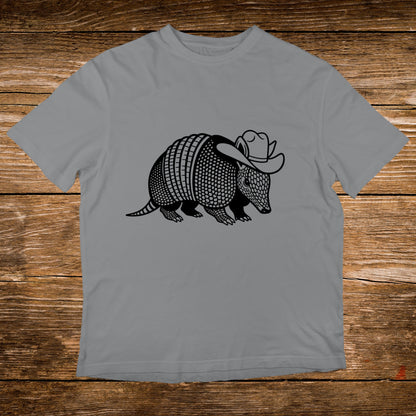 Armadillo wearing a cowboy hat graphic on a grey t-shirt.