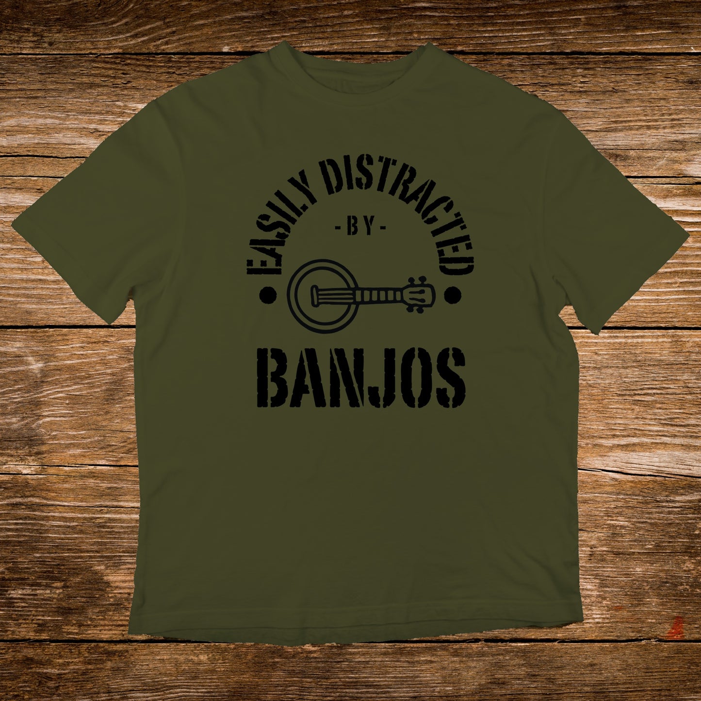 Olive green t-shirt with "Easily Distracted By Banjos" text and banjo graphic.