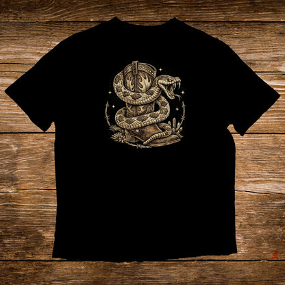 Black t-shirt featuring a coiled snake around a cowboy boot.