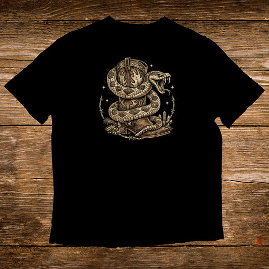 Black t-shirt featuring a coiled snake around a cowboy boot.