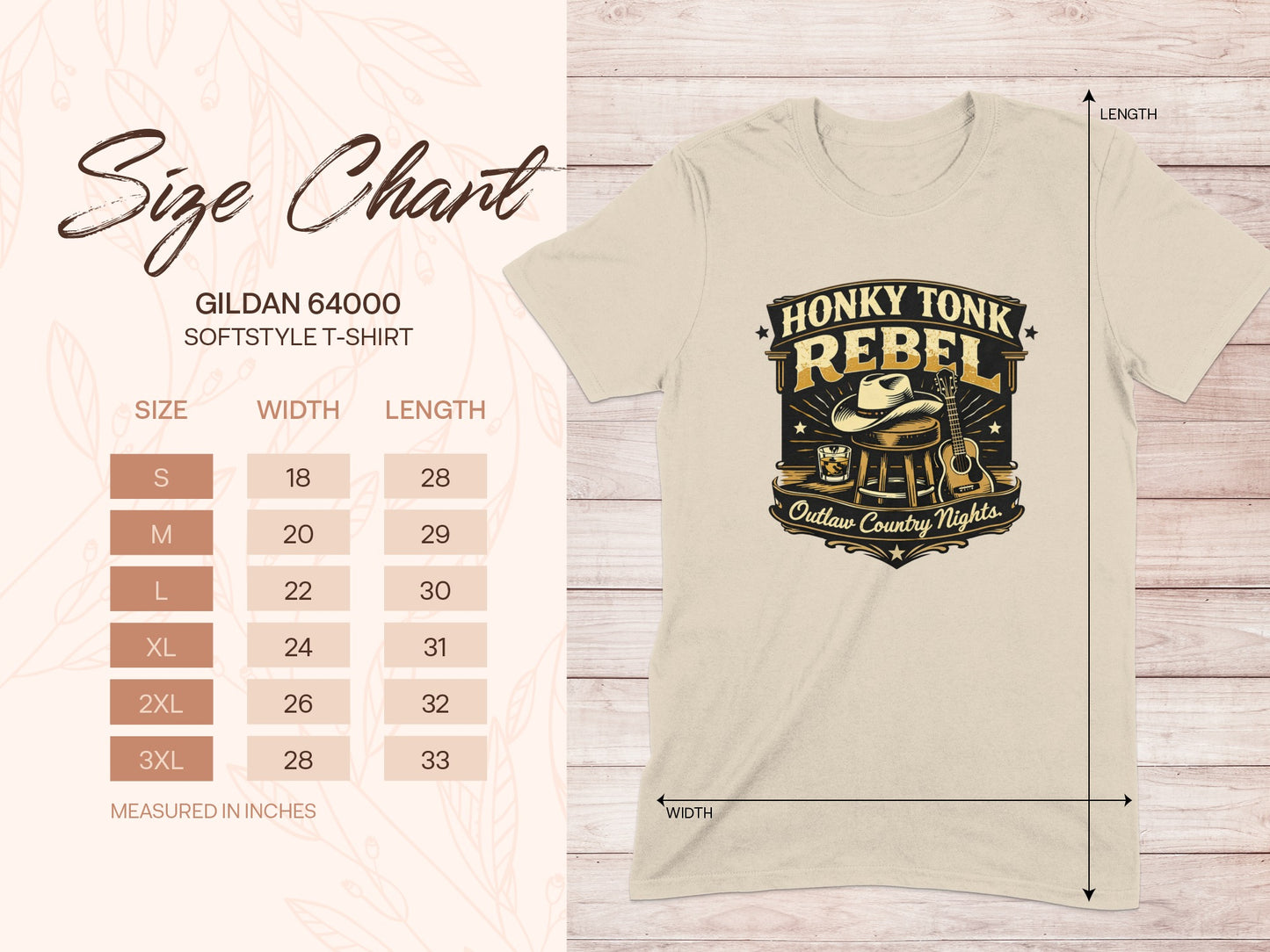 Gildan 64000 t-shirt size chart with honky tonk rebel graphic.