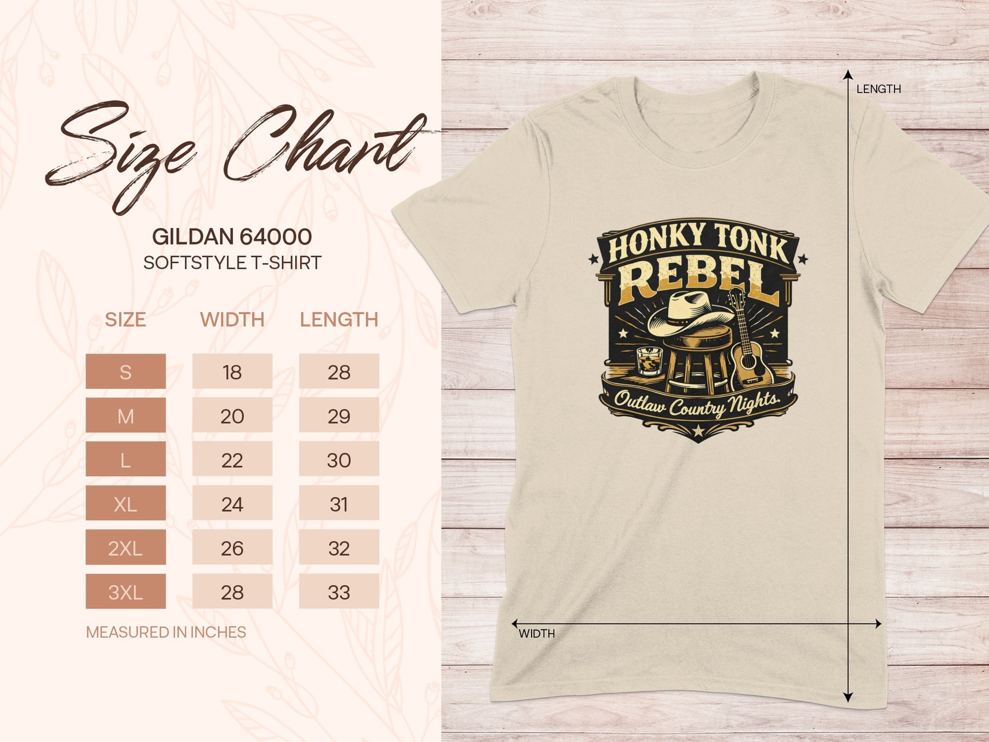 Gildan 64000 t-shirt size chart with honky tonk rebel graphic.