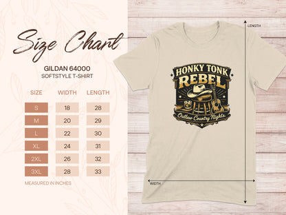 Gildan 64000 t-shirt size chart with honky tonk rebel graphic.