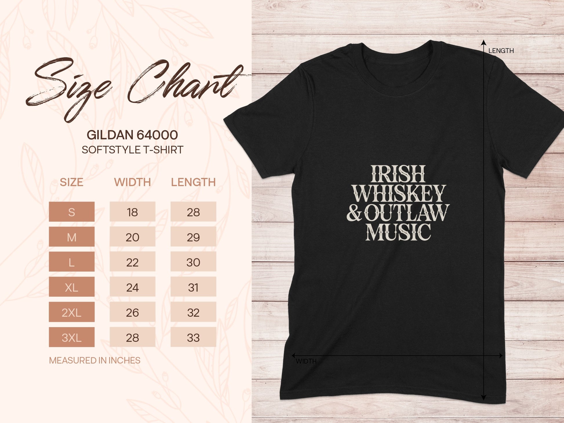 Gildan 64000 softstyle t-shirt size chart with "Irish Whiskey & Outlaw Music" graphic.