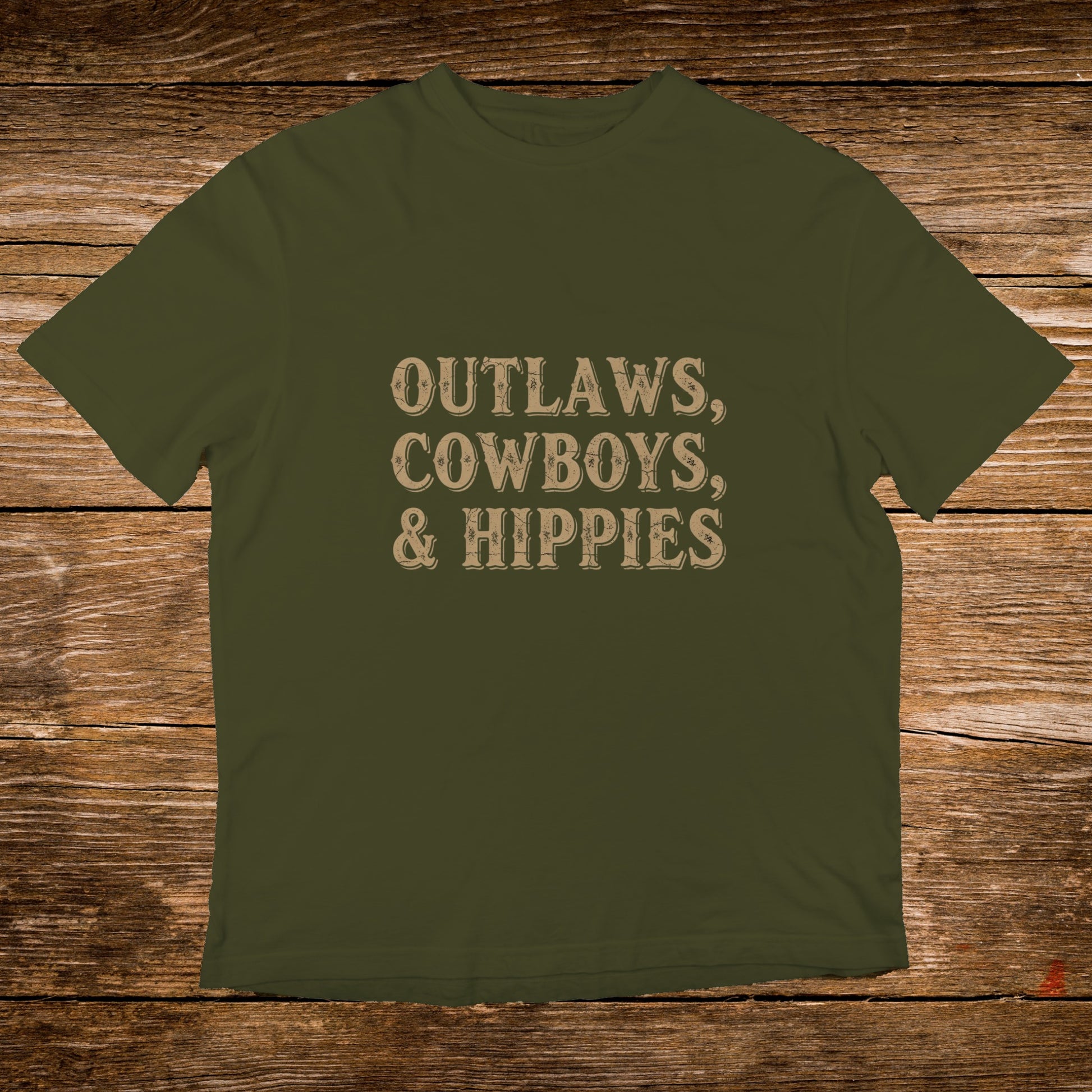 Olive green t-shirt with "Outlaws, Cowboys, & Hippies" text.