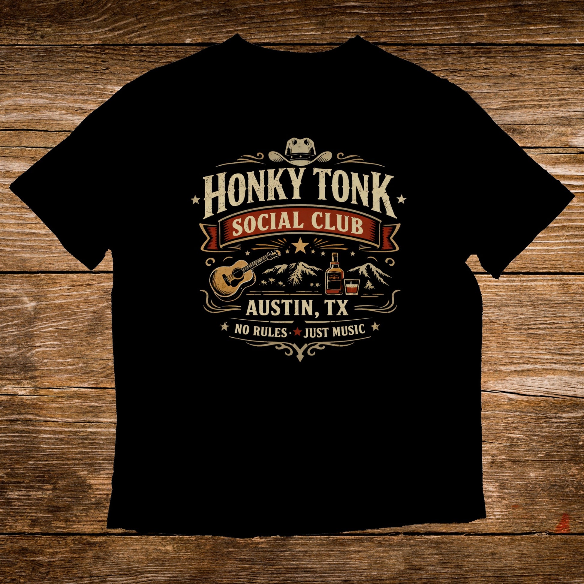 Honky Tonk Social Club Austin TX t-shirt with guitar and whiskey bottle.