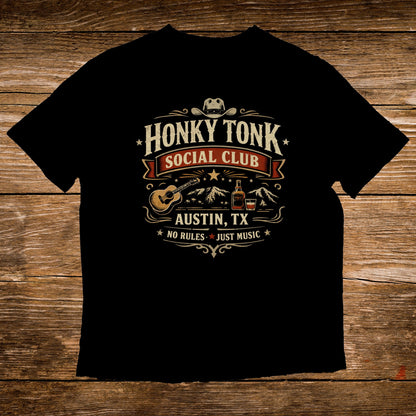 Honky Tonk Social Club Austin TX t-shirt with guitar and whiskey bottle.