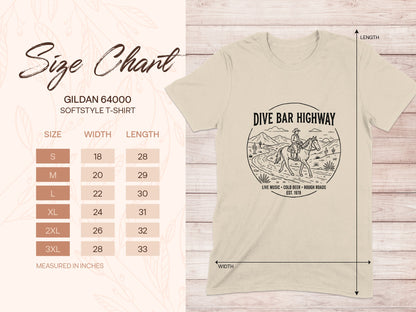 Gildan 64000 softstyle t-shirt size chart with graphic of cowboy on horseback.