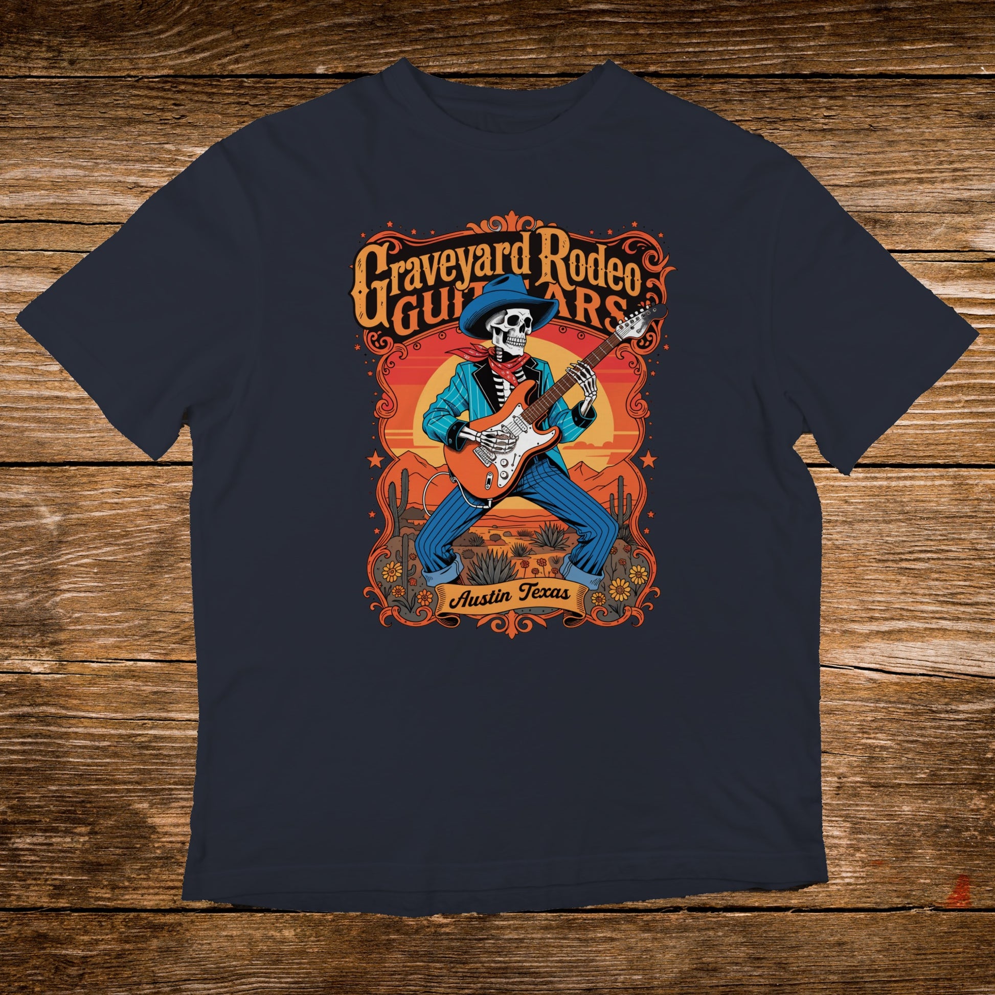 Skeleton playing guitar on stage with "Graveyard Rodeo Guitars Austin Texas" text.