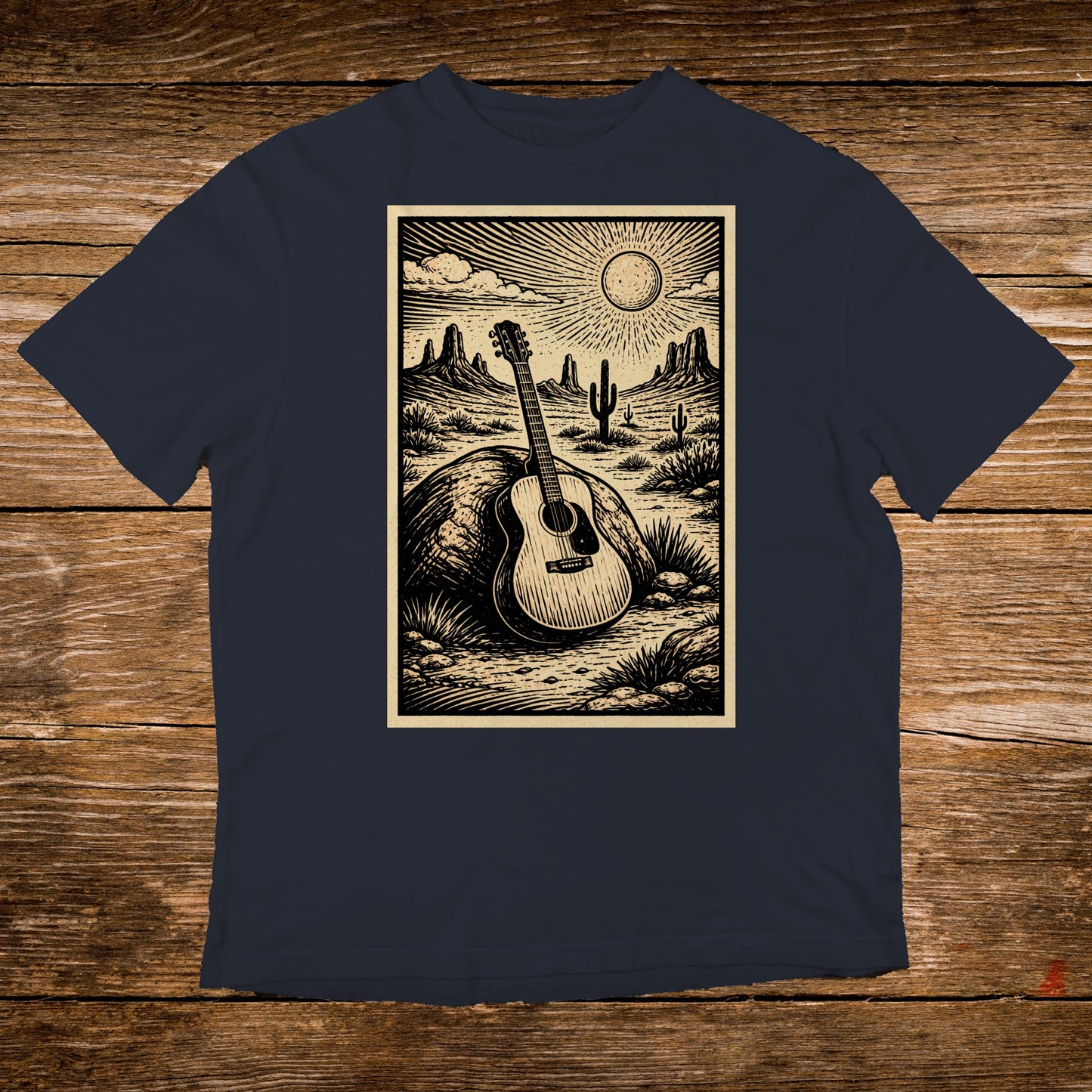 Acoustic guitar on a rock in a desert landscape with a rising sun.