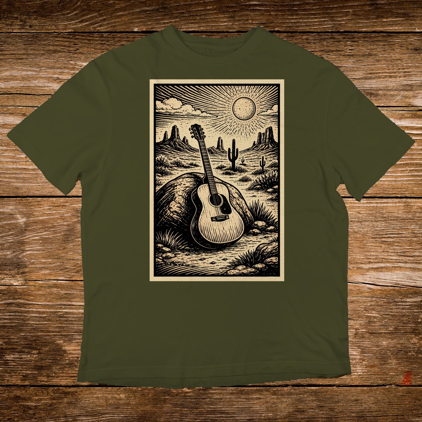 Acoustic guitar on a rock in a desert landscape with sun and mountains.
