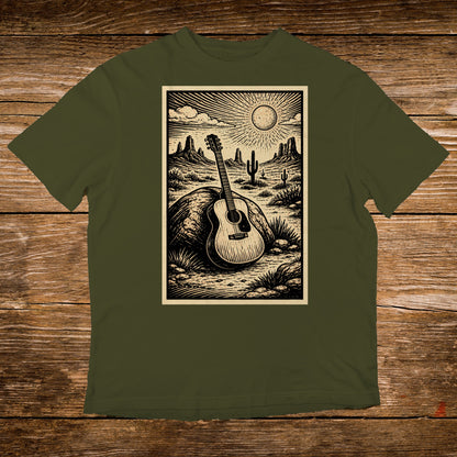 Acoustic guitar on a rock in a desert landscape with sun and mountains.