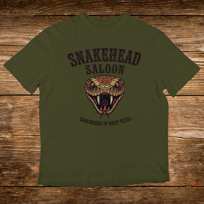 Olive green t-shirt with "Snakehead Saloon" and snake head graphic.