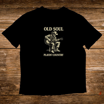 Black t-shirt with "Old Soul Playin' Country" and skeleton playing guitar design.
