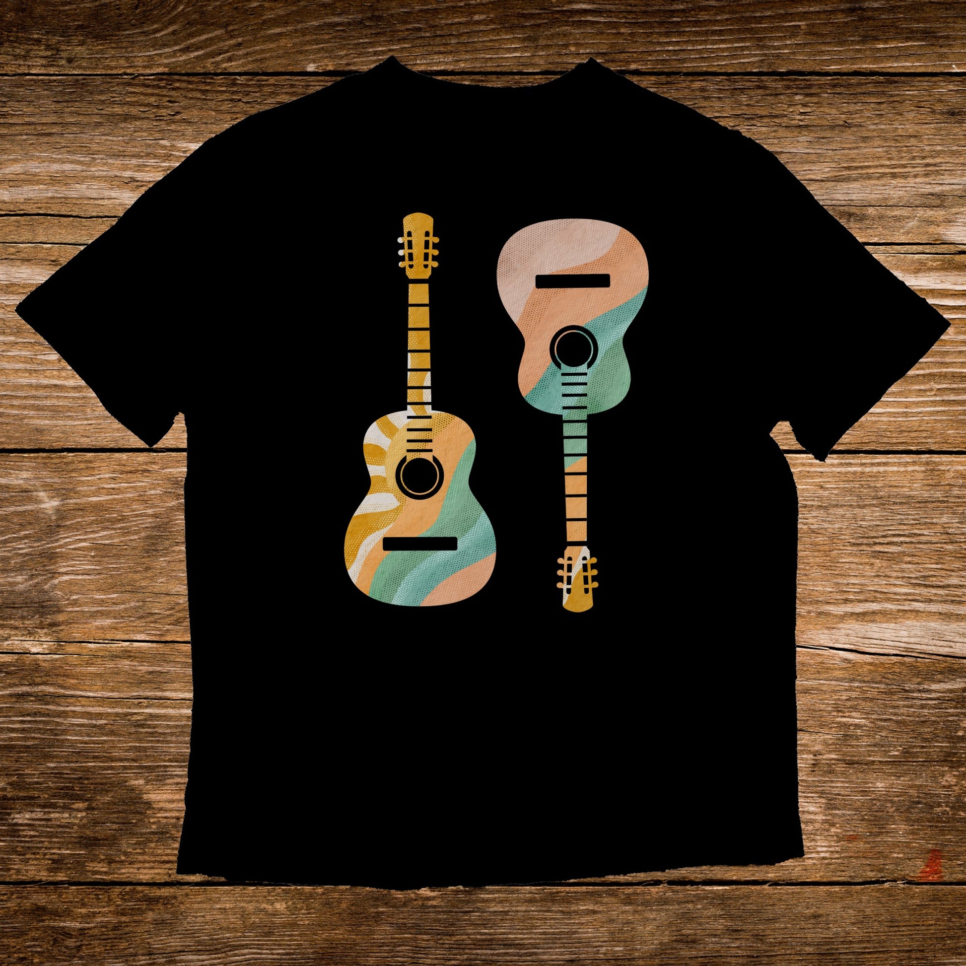 Black t-shirt with two stylized acoustic guitars featuring wavy colorful stripes.