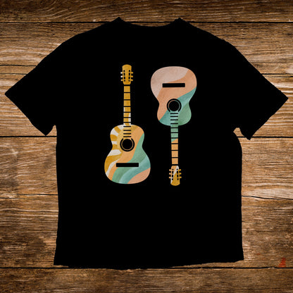 Black t-shirt with two stylized acoustic guitars featuring wavy colorful stripes.