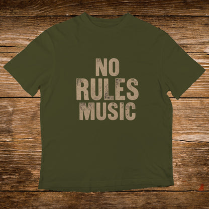 Olive green t-shirt with "NO RULES MUSIC" text in distressed cream font.
