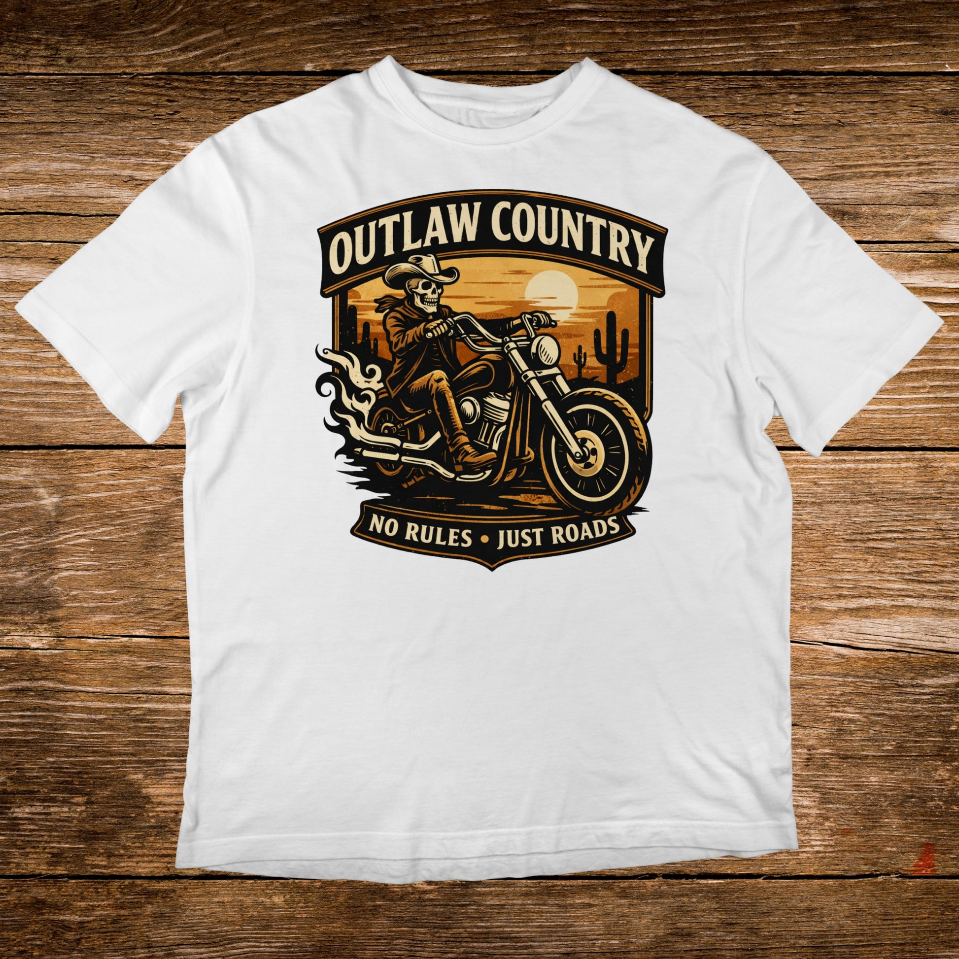 White t-shirt with "Outlaw Country" skull riding motorcycle design.
