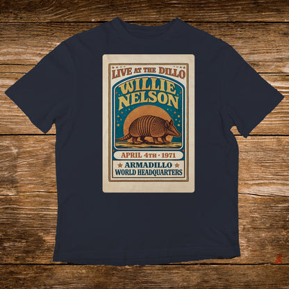 Willie Nelson concert t-shirt with "Live at the Dillo" April 4th, 1971 design.