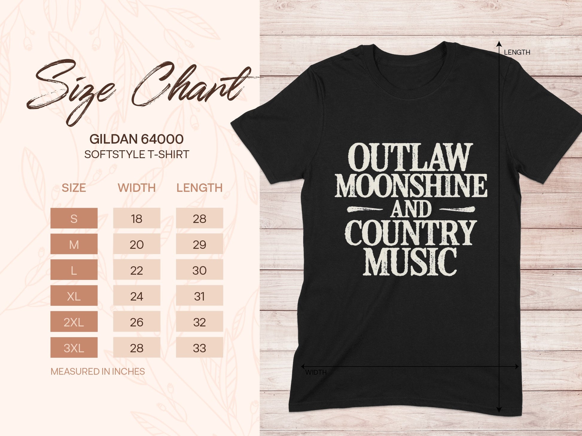 Gildan 64000 t-shirt size chart with "Outlaw Moonshine and Country Music" graphic.