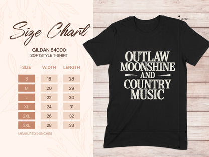 Gildan 64000 t-shirt size chart with "Outlaw Moonshine and Country Music" graphic.