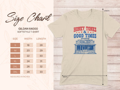 Gildan 64000 t-shirt size chart with Honky Tonks and Good Times graphic.